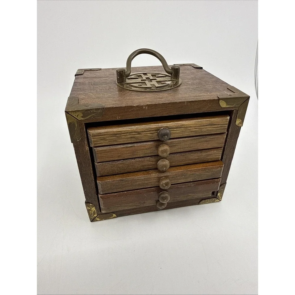 Vintage MCM 6 Coasters Set Wood Metal Cork Mid Century Modern Stacking 4